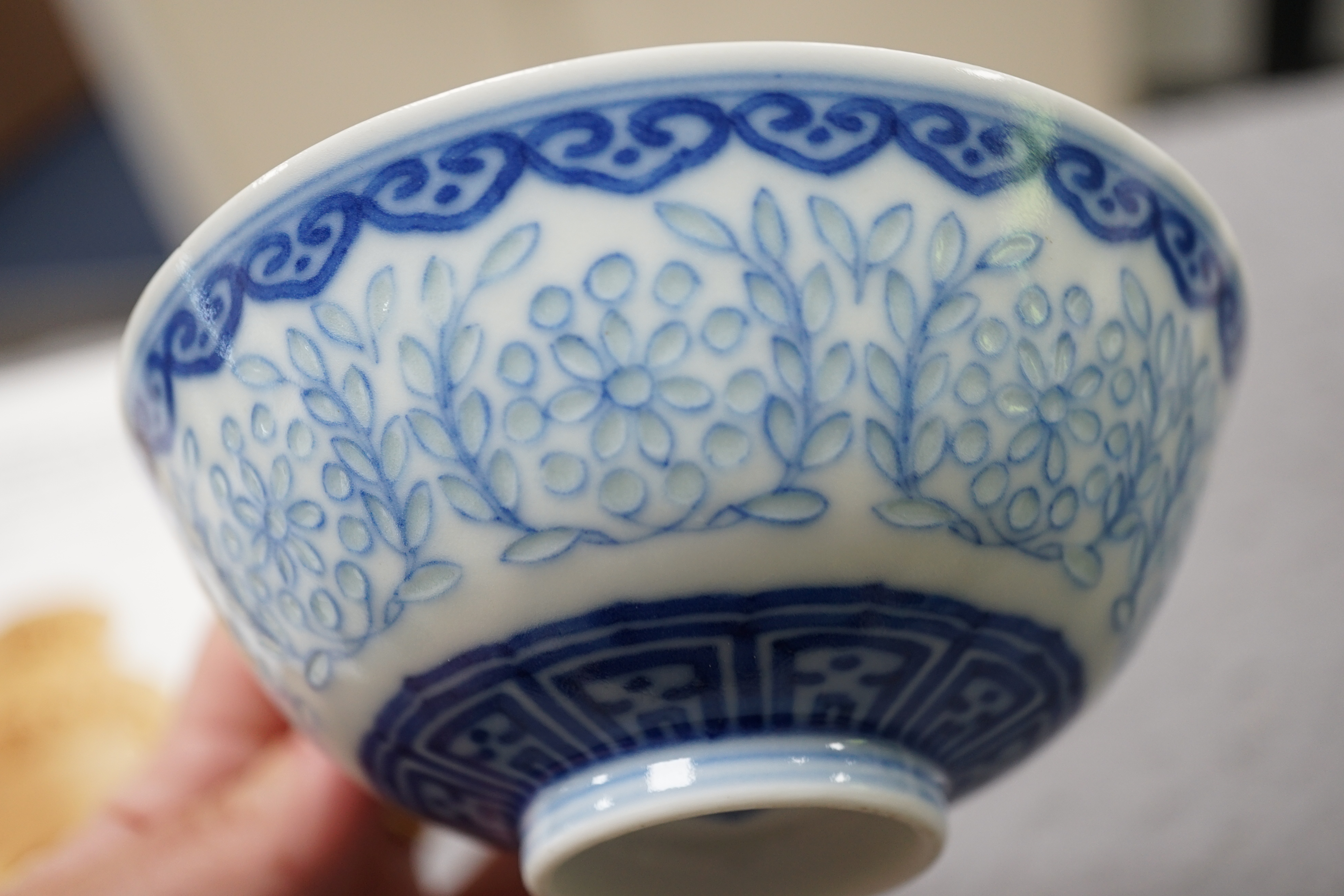 A Chinese blue and white ‘rice grain’ bowl, Jiaqing mark and possibly of the period